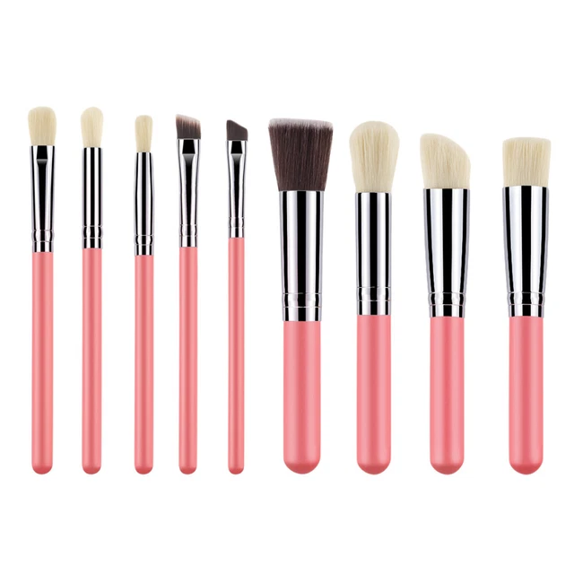 9 piezas Madera Rosa y Plata Mango Nailon Cerdas Maquillaje Pincel Kit Cosméticos
