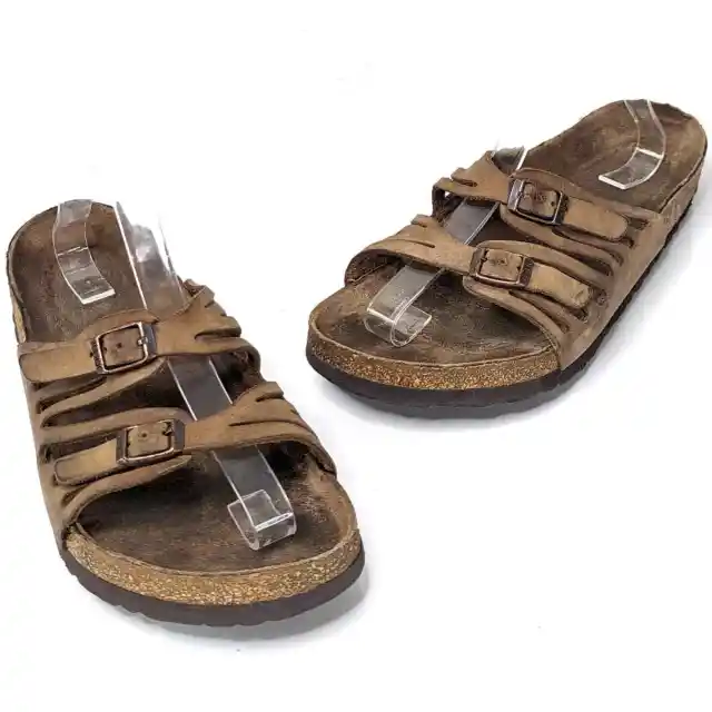 Birkenstock Brown Leather Granada Slides Strappy Sandals Footbed Slip On 9/40
