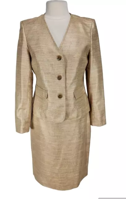 KASPER Womens Two Pieces Skirt Suit Size 10 Gold Tree Button Jacket Mini Skirt