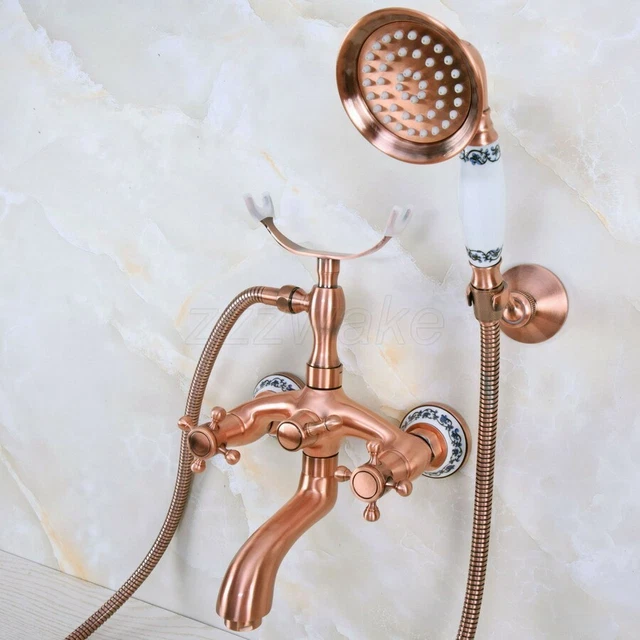 Antique Red Copper Wall Mount Clawfoot Bath Tub Faucet Tap w/ Handheld Shower