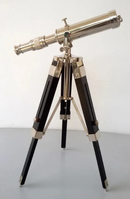 antique laiton et bois télescope sur trépied supporter nautique ancien