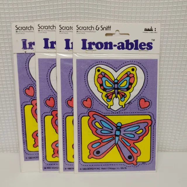 Vintage Butterflies Iron On Hearts Scratch & Sniff Iron-ables 1983 Lot Of 4