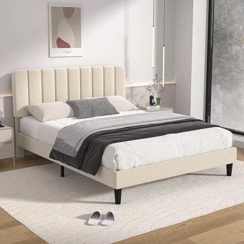 SIZE UPHOLSTERED WITH Adjustable Headboard, Velvet Full Beige Bed Frame