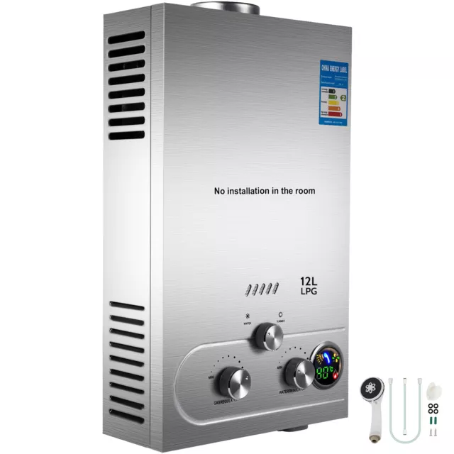 12L Chauffe-eau Instantané à Gaz Propane Butane Affichage LCD 2800pa 24kw