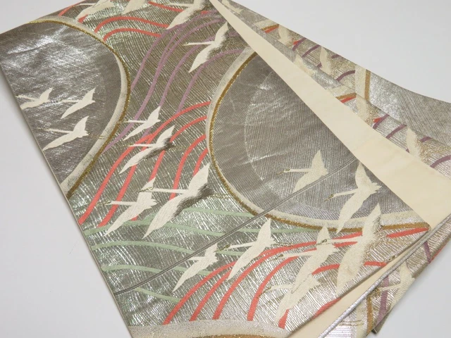 3522Y07z750 Vintage Japanese Kimono Silk FUKURO OBI Crane Silver 173.2x12.1