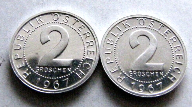 Austria KM2876 2 Groschen 1967 lot of 2 pieces, choice Proof. Key low mintage !