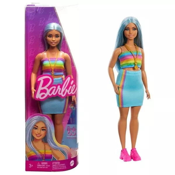 Barbie Fashionista 32cm Doll 218 with Blue Hair & Rainbow Top & Pink Sneakers