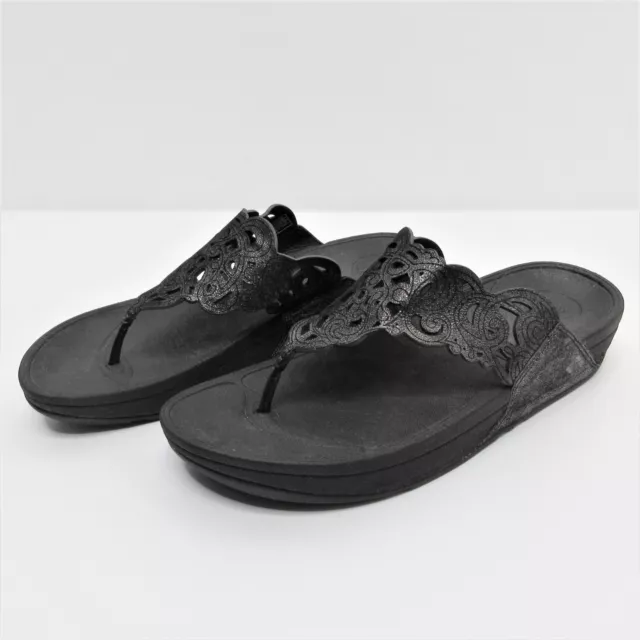 Fitflop Flora Womens Size 9 Sandals Thong Slide Leather Sparkle B25-001 Black