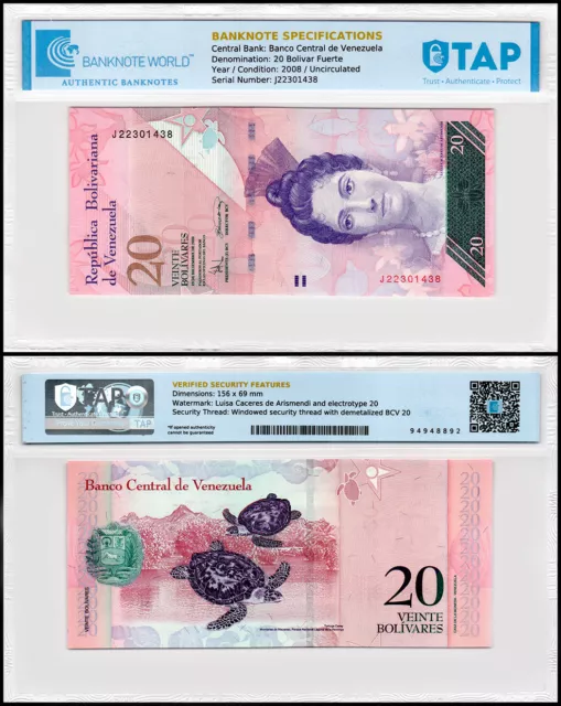 Venezuela 20 Bolivar Fuerte, 2008, P-91c, UNC, Authenticate Banknote