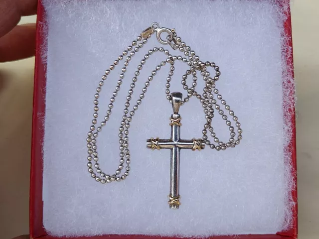 Fine Precious 925 Sterling Silver 14K Yellow Gold Holy Cross Pendant Necklace
