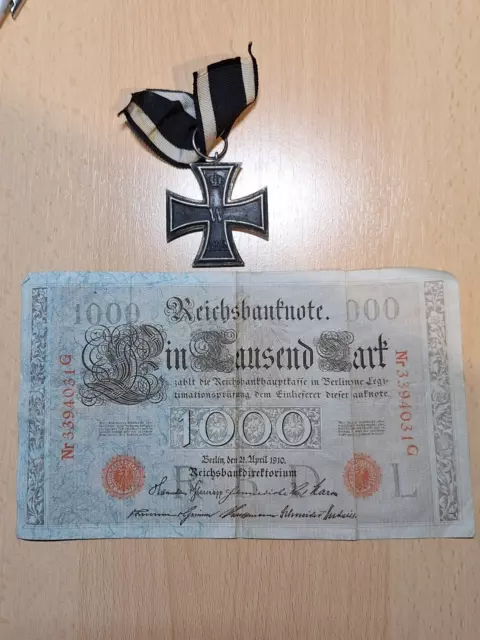 Orig. German Iron Cross 2nd Class EK2 WW1 ribbon, marker KO + 1000 Reichsmark