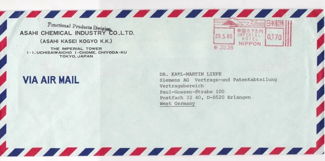 Japan 1985 machine cancel air mail stamps cover ref 21565