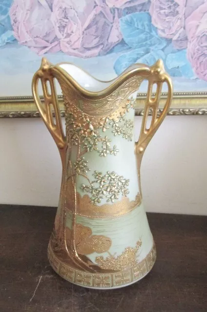 Nippon Japan Hand Painted Scenic Handled Vase Moriage Heavy Gold  9 1/4"