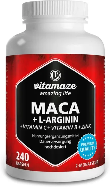 Maca Kapseln Hochdosiert 4000 Mg + L-Arginin + Vitamine + Zink, 240 Kapseln , Pu
