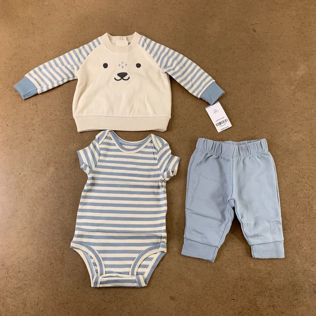 Carter's Baby Size 3 Months Ivory Blue Stripe Bear 3-Piece Pullover Pant Set NWT