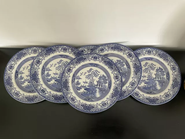 Set Of 6 x English Ironstone Tableware Old Willow Blue & White Dinner Plates