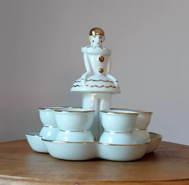 Service à œufs Colombine, 6 coquetiers en porcelaine, attribué à Robj, Art Déco