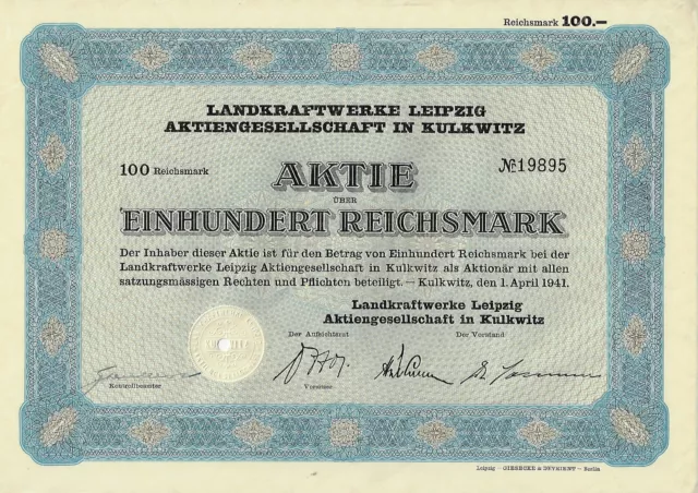 Landkraftwerke Leipzig Aktiengesellschaft in Kulkwitz - 100 RM, 1941