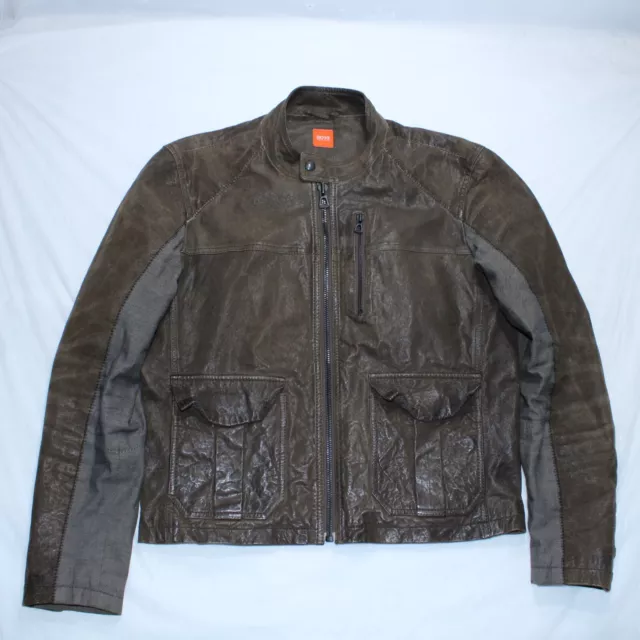 HUGO BOSS Leather Biker Jacket Size 46 UK M Brown Vintage Y2K Soft Bomber Zip Up