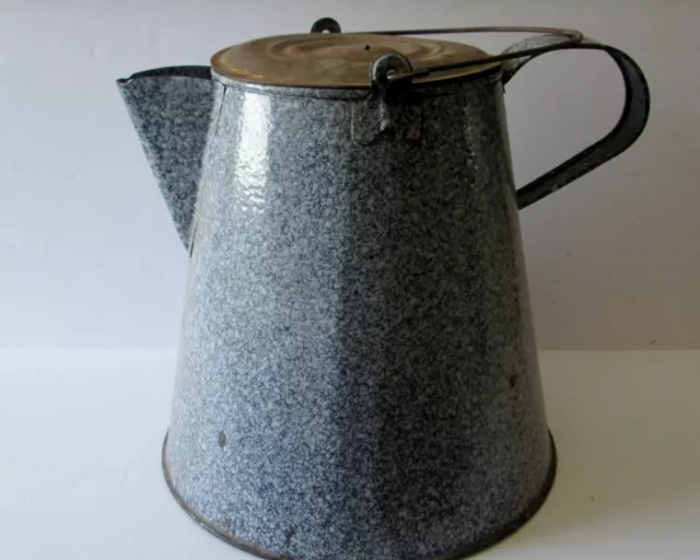 Antique Vintage Large Gray Enamel Graniteware Coffee Pot Steampunk Garden Art