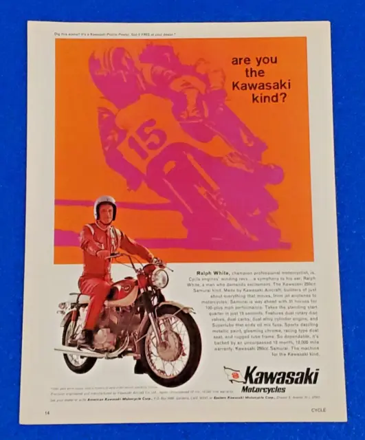1968 KAWASAKI SAMURAI 250cc MOTORCYCLE ORIGINAL COLOR PRINT AD RALPH WHITE RACER