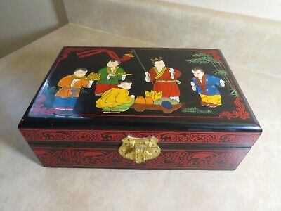 Vintage Chinese Black Lacquer  Wooden Jewelry Box w Hinged Lid Red Exterior