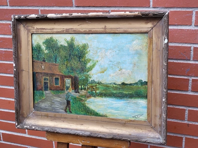 Tableau ancien signée datée. Paysage Animée. Peinture huile sur panneau de bois.