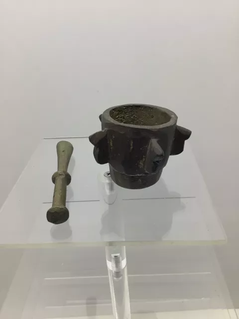 Antique hand forged brass mortar & pestle Rx very old primitive 2”