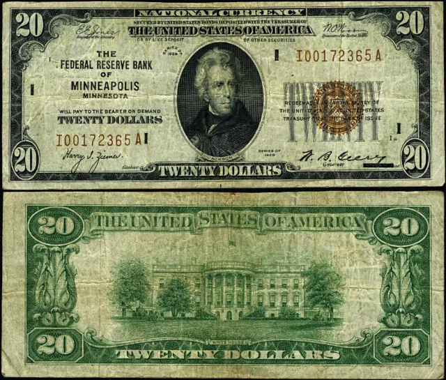 FR. 1870 I $20 1929 Federal Reserve Bank Note Minneapolis I-A Block VF Great Dea