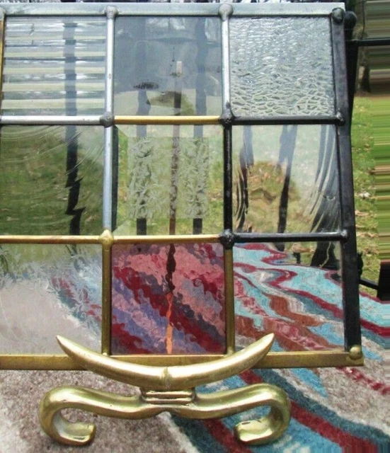 Vtg Stained Leaded Glass Transom Window Pane Purple / Clear Sun Catcher 6.5" SQ