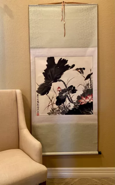 Original Chinese Ink Wash Painting on Hanging Scroll - "Lotus Pond" (68" x 31")