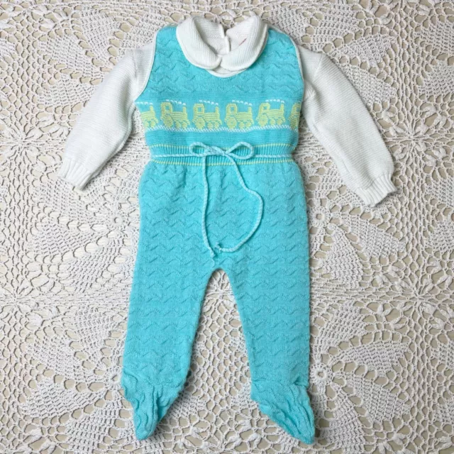 Vintage 1980s Friedman Baby Boy 0-12 Months Blue Knit Train Footie Romper Outfit
