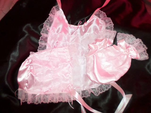 Mutandine ABDL Sissy In Raso Rosa E Pizzo Bianco, Con Fiocchi, Taglia S/M, Unisex, Prodotto UK