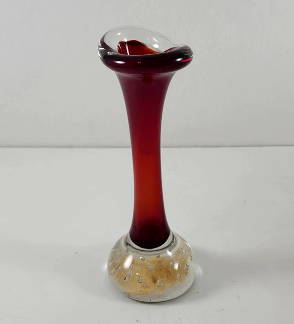 Vintage Red Murano Trumpet Vase Art Glass Bullicante Controlled Bubble Pulled