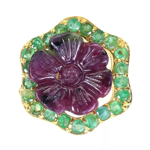 Handcraft Unheated Flower Carving Ruby Zoisite Emerald 925 Sterling Silver Ring