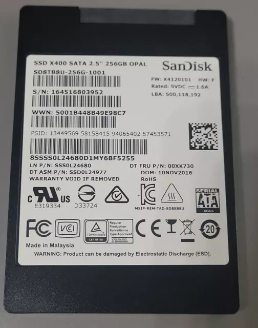 SanDisk SD8TB8U-256G-1001 X400 256GB 2.5 7mm SATA 00XK730 SSD Solid State Drive