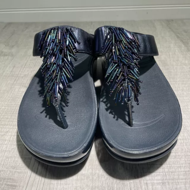 Fitflop Women's Rumba Cha Cha Beaded Thong Flip Flop Sandals size 6 Blue EU 37