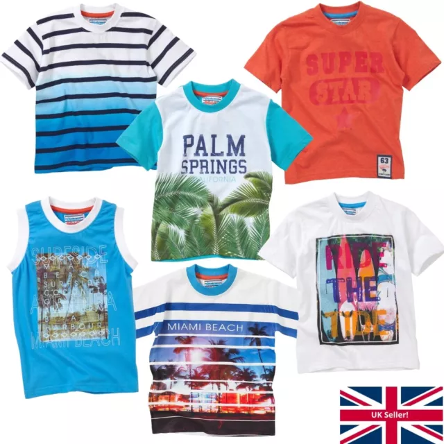 Boys Summer Holiday T-Shirts Vest Short Sleeve Cotton Surf Miami Palm Print Kids