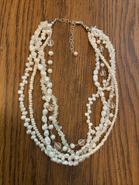 5 Strand Dream Faux Pearl 925 Necklace Quartz Glass Beads Nugget Stones Vtg