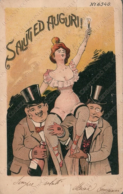 1900c Saluti ed Auguri! Uomini con ballerina festeggiano Cartolina