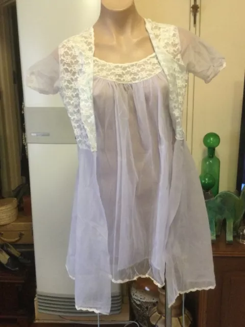 Genuine Vintage MARY LYN negligee Set Babydoll Nightie Robe Lilac Nylon Size 12