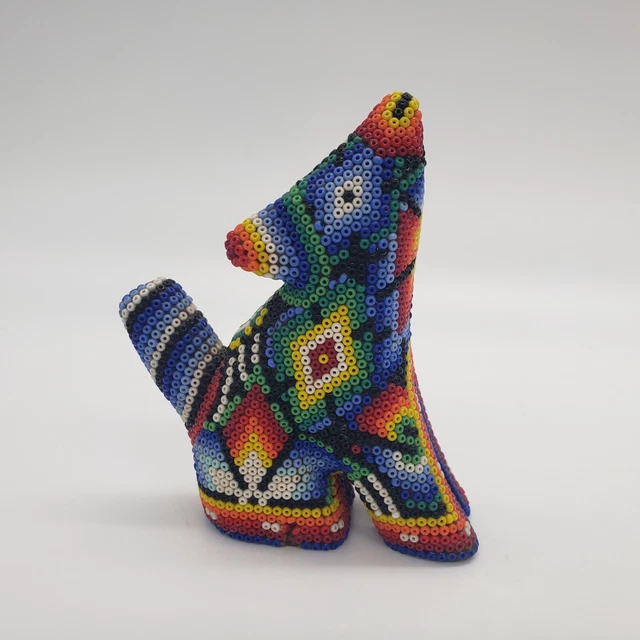 Huichol Indian Beaded Wolf Coyote Howling Figure Handmade Mexican Folk Art 3.75"