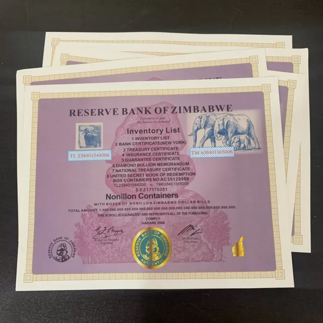 10pc Zimbabwe Nonillon Containers 54 Zeros Paper Certificate Scorll Watermark