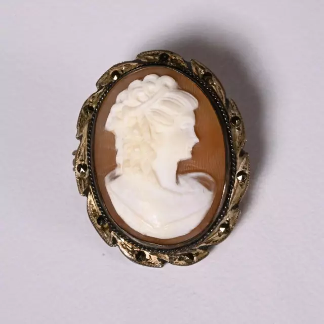 Vintage Shell Portrait Cameo Brooch/Pendant W/ 800 Silver & Marcasite Setting