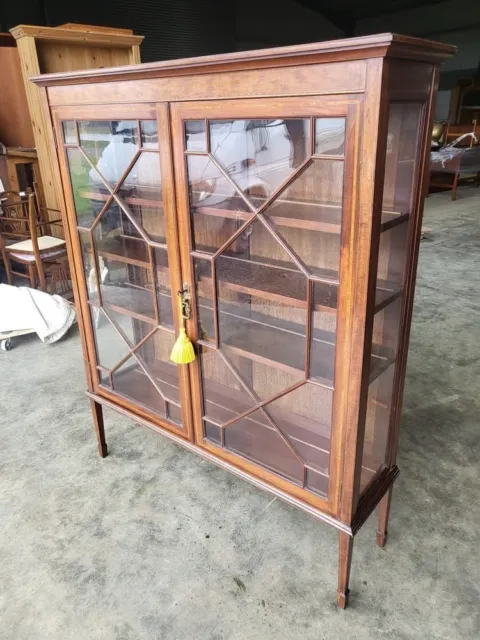 Antique Edwardian mahogany inlaid astral glazed 2 door bookcase cabinet