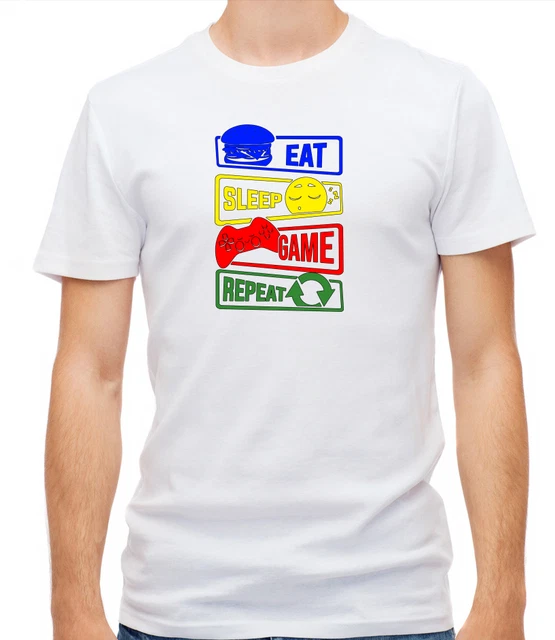 T-shirt uomo bianca Eat Sleep Game Repeat Gamer manica corta F442 2