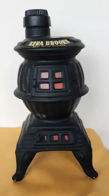 Ezra Brooks Black Pot Belly Wood Stove Decanter, 1968