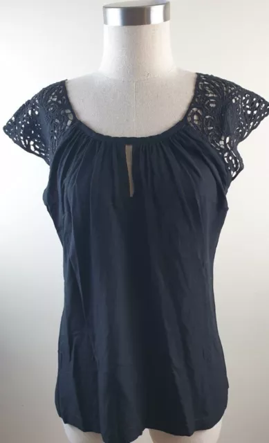 Uluwatu womens black top with handmade balinese lace sleeves size 12. 491G