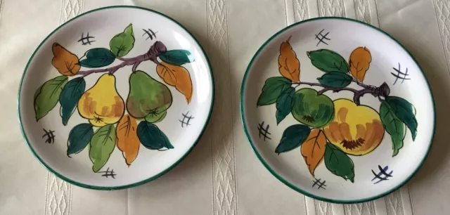 2 Vintage Italian Majolica Pottery Salad Plates Peasant Village Pv Pears Apples