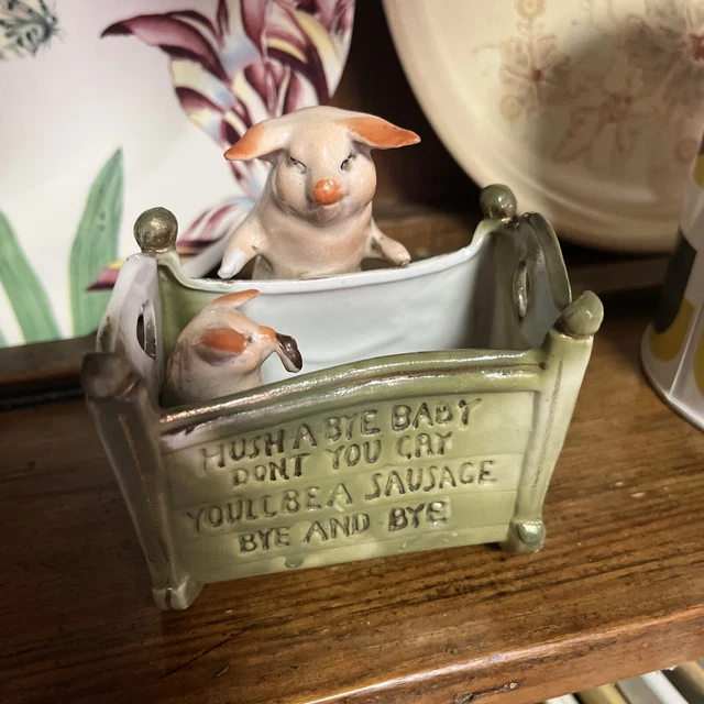 ANTIQUE GERMAN FAIRING Porcelain 2 Pigs Hush A Bye Baby Cradle £35.00